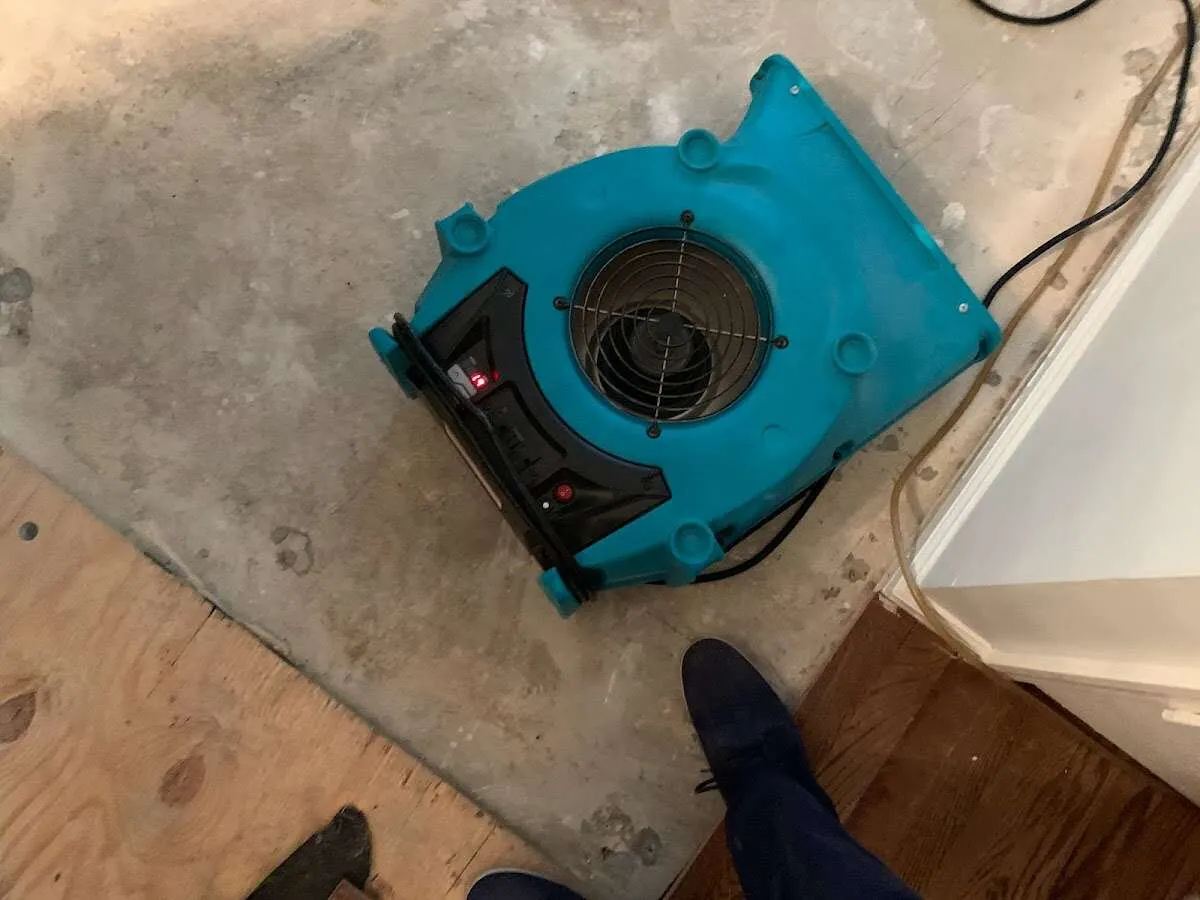 Air mover drying subfloor during Commercial Water Damage Restoration in Marathon